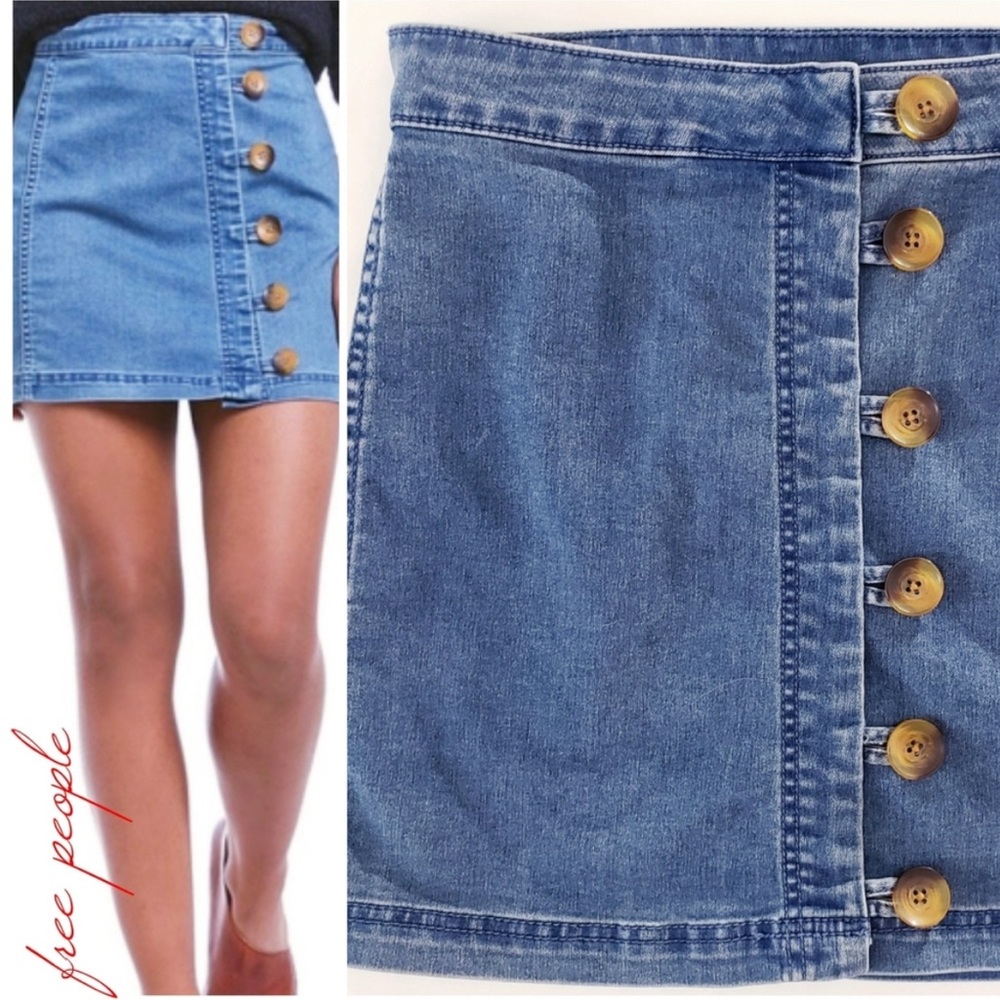 Free People Blue Denim Button Front Mini Skirt